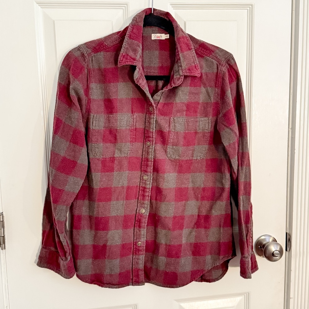 Faherty Women’s Button Up Burgundy and Grey Plaid Flannel Shirt